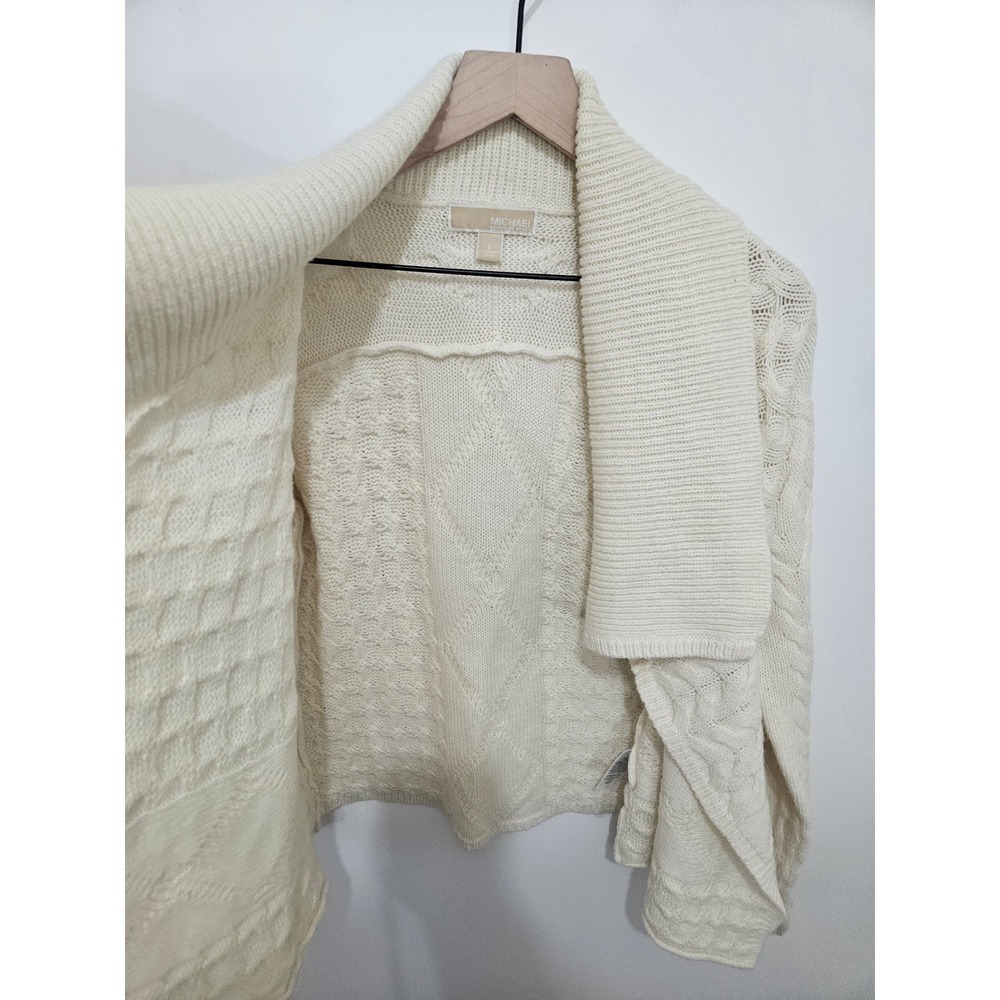 Michael Michael Kors Cream Cable Knit Shawl Collar Open Cardigan Sweater Ivory L - Picture 4 of 5